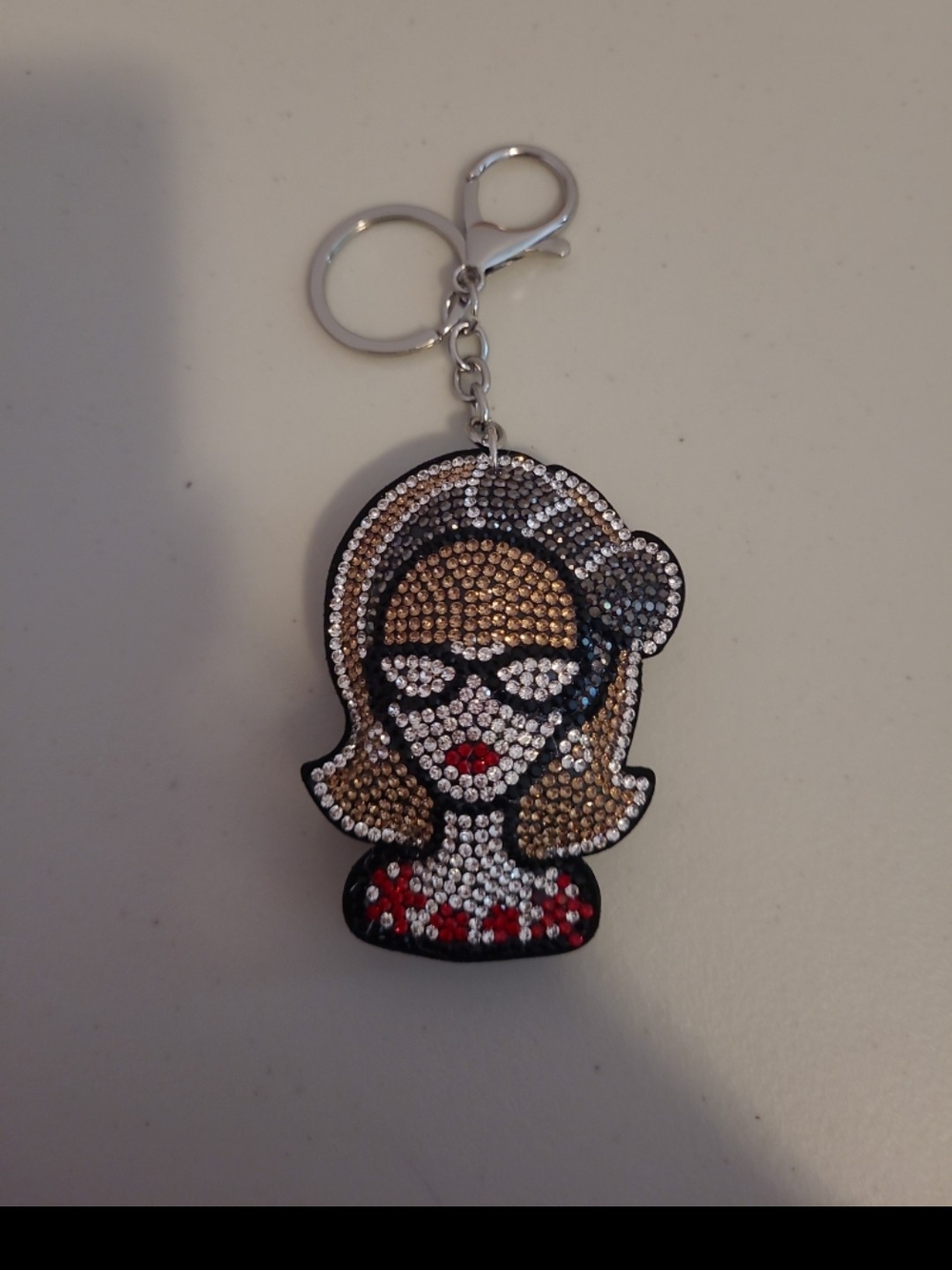Crystal Embellished Blonde Girl Keychain - Gold, White, Black, Red